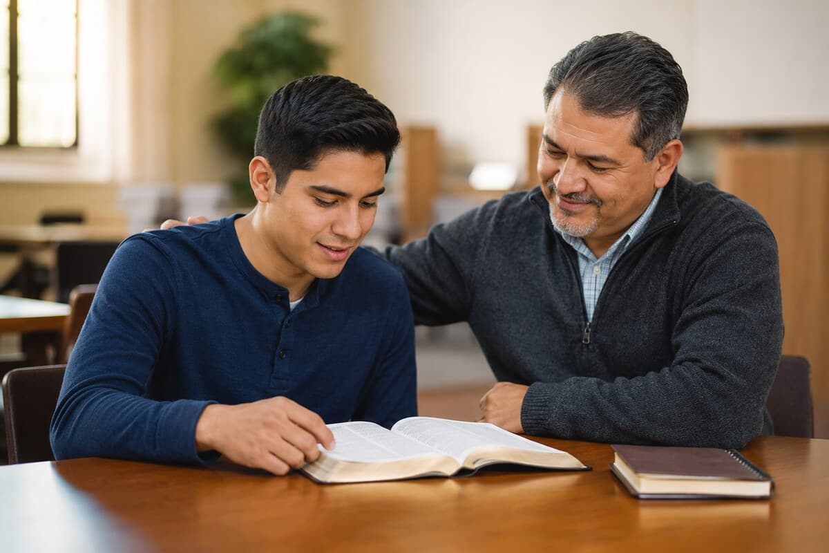 Nuevo creyente leyendo la Biblia acompañado por un mentor cristiano